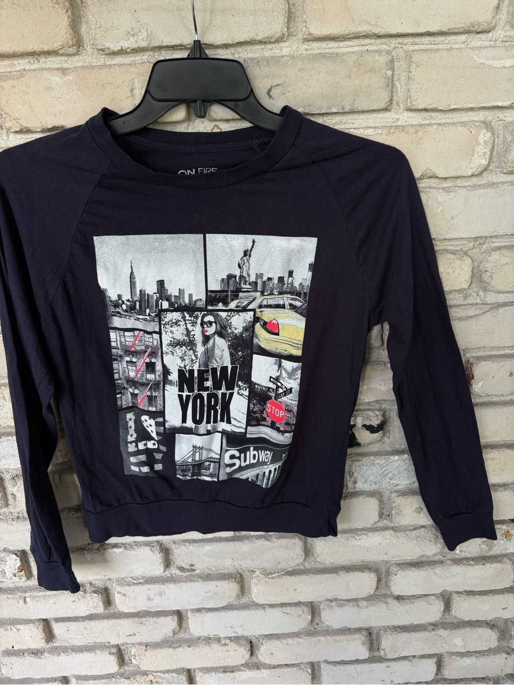 On Fire Black New York Collage Graphic Long Sleeve Top
